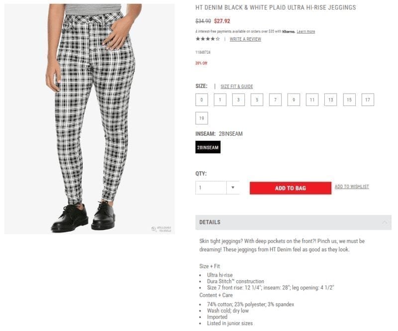 Screenshot of Hot Topic's product description for denim plaid pants