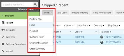 ShipStation Print Labels Shipments Tab