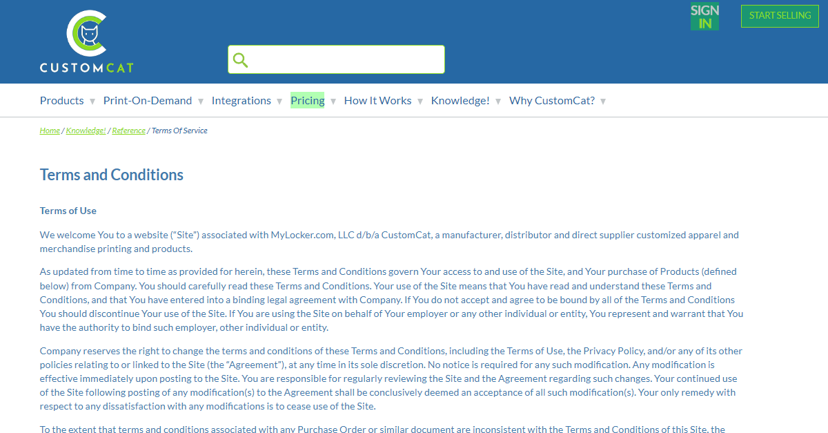 CustomCat Terms Of Service Page 2024