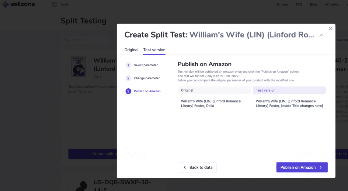 Sellzone Split Test Publish to Amazon