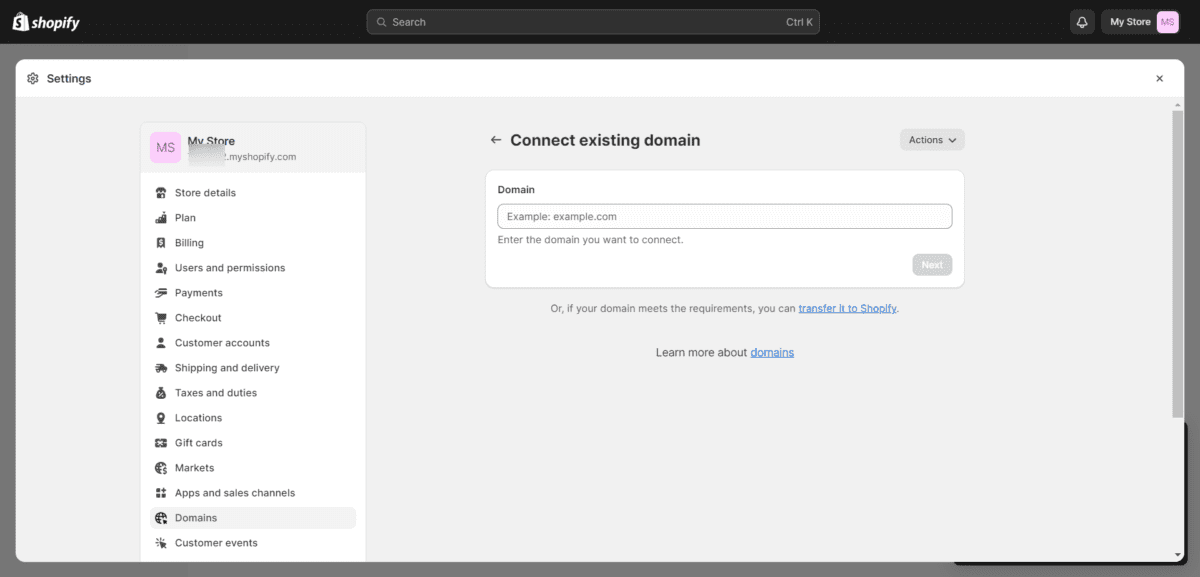 Shopify Connect Existing Domain