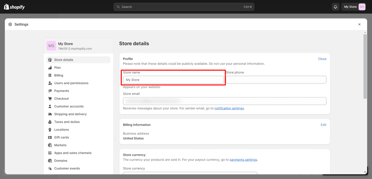 Shopify Dashboard Change Store Name