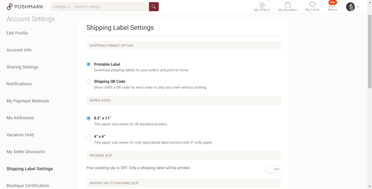 Poshmark Shipping Label Settings